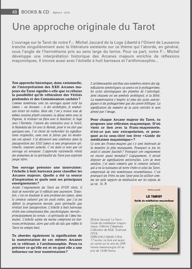 Recension bibliographique parue dans le magazine Alpina 4/19 de la Grande Loge Suisse Alpina.